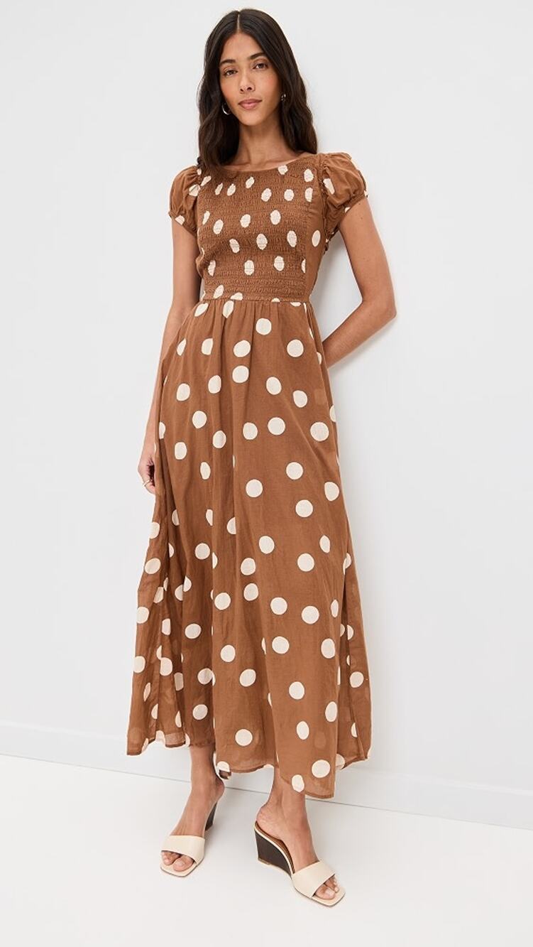 Free People "Ultraviolet" Smocked Polka Dot Maxi Dress oak Combo